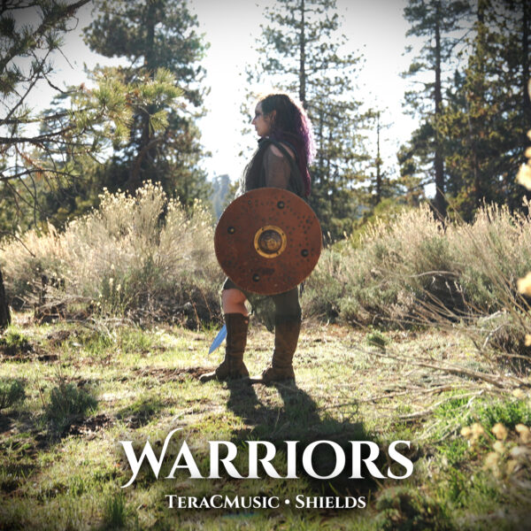 Tera standing in a field with warrior garb, sword and shield looking to the left